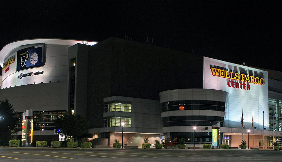 The Wells Fargo Center, home of the Flyers and Sixers, at night