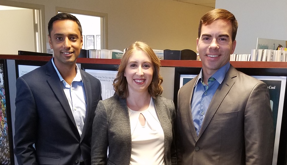 Left to right: RoundTrip chief information officer, Ankit Mathur; RoundTrip corporate administrator Angela Damiano, and RoundTrip founder and CEO Mark Switaj. 