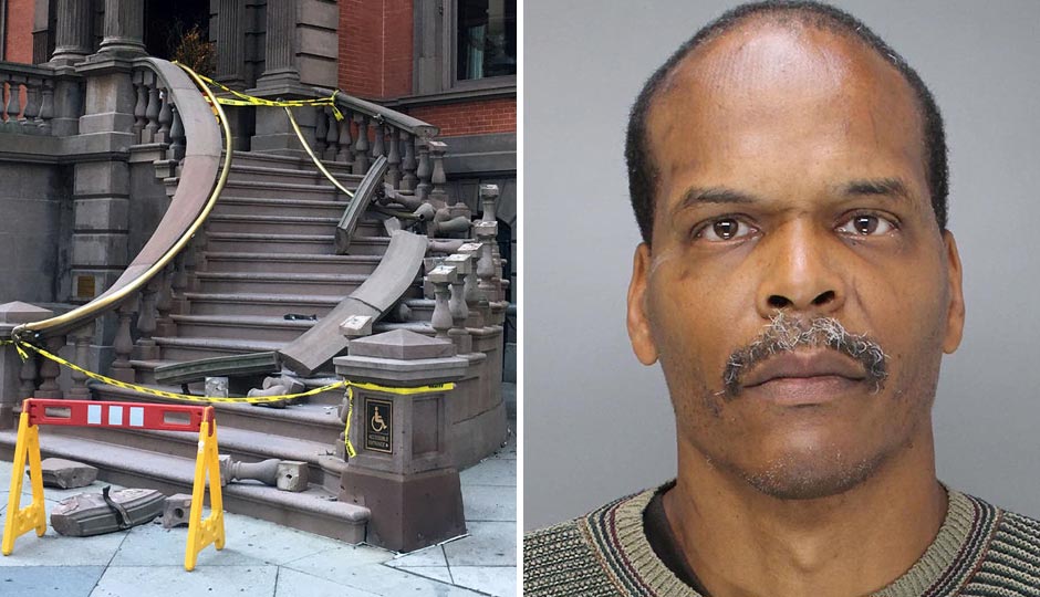 Police have named Reginald Phillips, right, as a suspect in Monday’s vandalism of the Union League steps. Photo of steps by Dan McQuade; Phillips courtesy of the Philadelphia Police Department