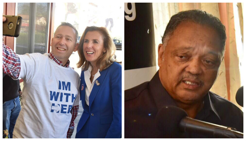 Katie McGinty poses with Mike Toub in front of Relish (left), while Rev. Jesse Jackson answers questions inside the restaurant. (Photos: HughE Dillon)