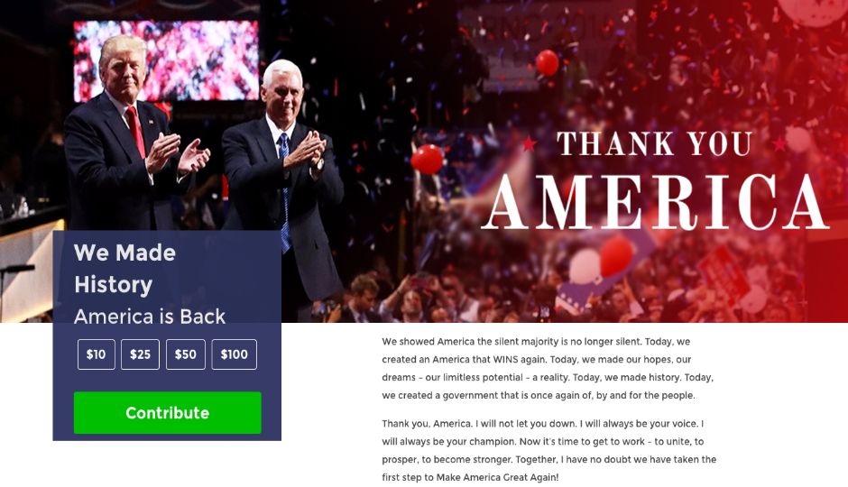 When you click on a link on Donald Trump's website to find out more information about his job-creation plan, you're routed to this donation page. 
