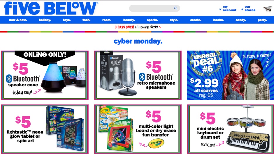 Screenshot of Five Below's Cyber Monday page. 