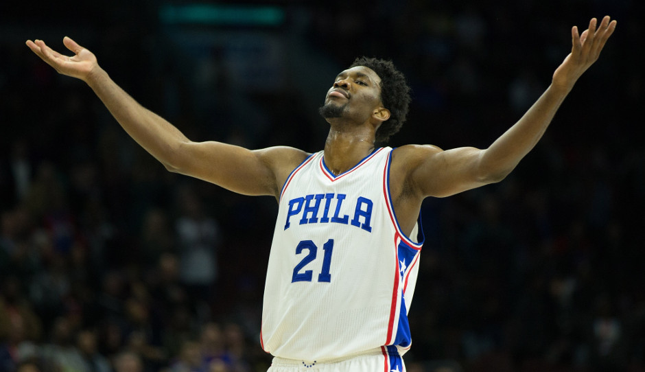 Joel Embiid celebrates late in the 4th quarter during the Sixers 101-94 victory over the Miami Heat | Bill Streicher-USA TODAY Sports