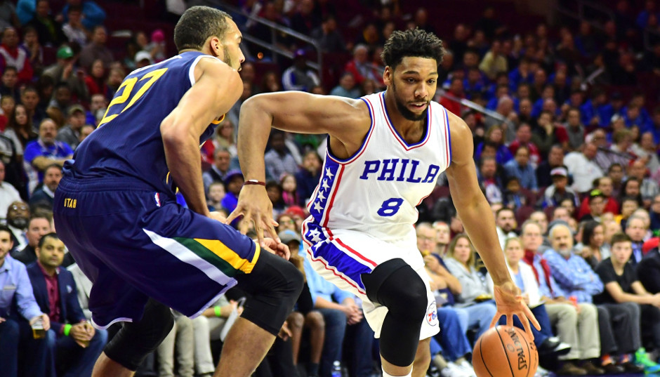Sixers center Jahlil Okafor drives against Utah Jazz big man Rudy Gobert in the Sixers 109-84 loss at the Wells Fargo Center | Eric Hartline-USA TODAY Sports