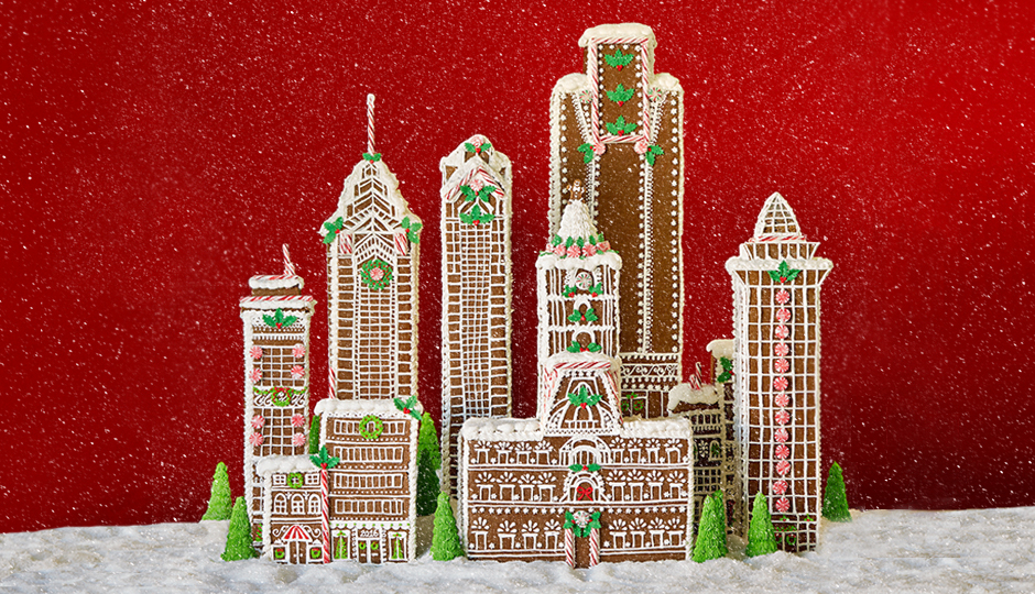A sweet rendering of the Philly skyline—complete with a tiny gingerbread William Penn—created by Bredenbeck’s Bakery in Chestnut Hill. | Photograph by Brett Thomas