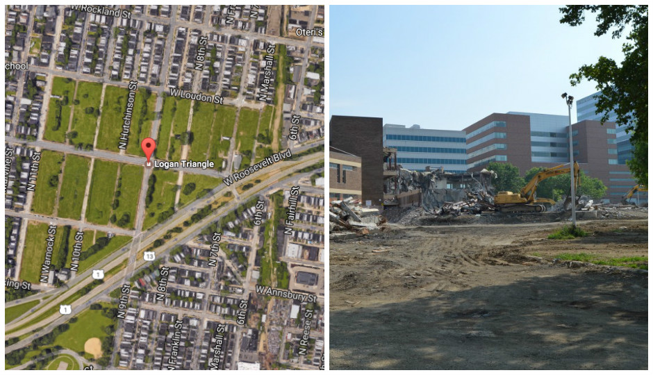 Development projects are planned for Logan Triangle (L) and the former University City High School (R).
