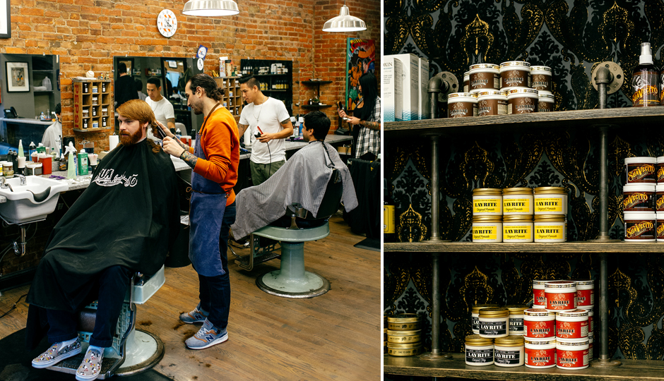 Barber on 24th’s buzzy shop, far left, and pomades to recreate the look at home. | Photos by Jauhien Sasnou