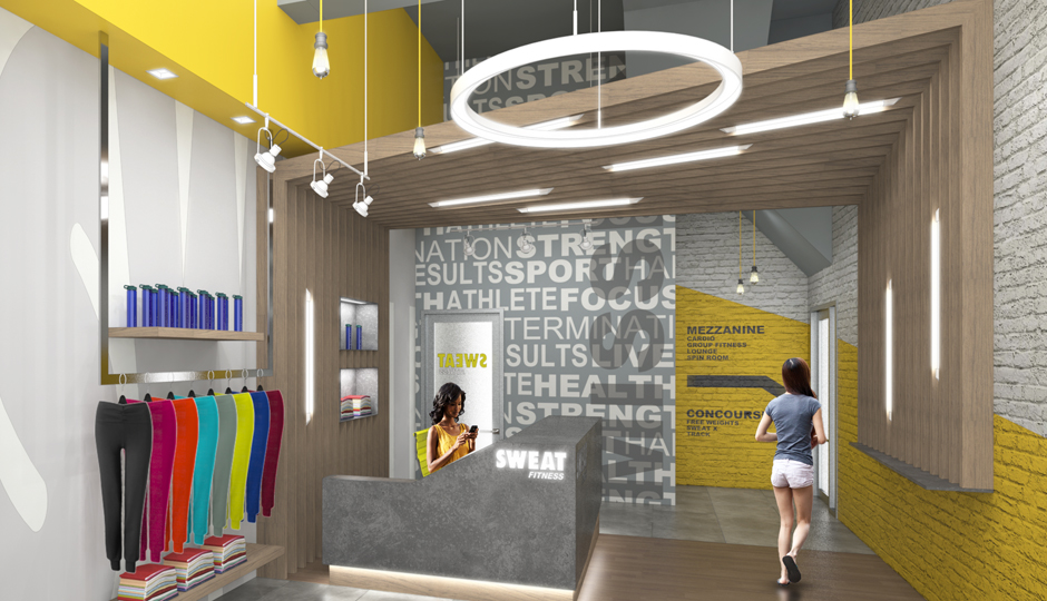 A rendering of the entrance to SWEAT Fitness's new Midtown Village location. 