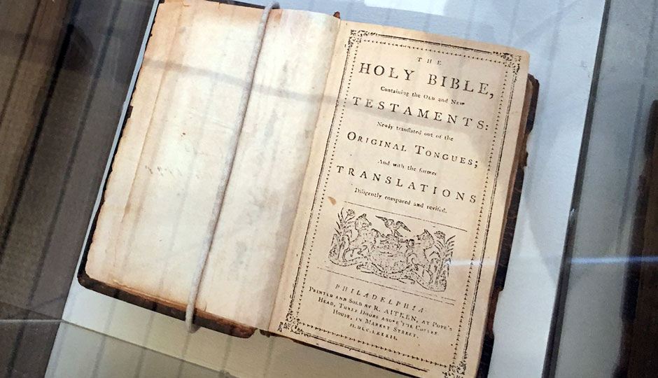 One of 40 known copies of the 1782 Aitkin Bible, the first printed in the newly-formed United States, was on display at the Independence Visitors Center today | Photo: Dan McQuade
