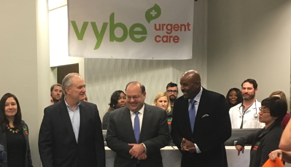vybe urgent care president Peter Hotz with Councilman Allan Domb and former Philadelphia Eagle Mike Quick at the Center City vybe urgent care ribbon cutting ceremony. 