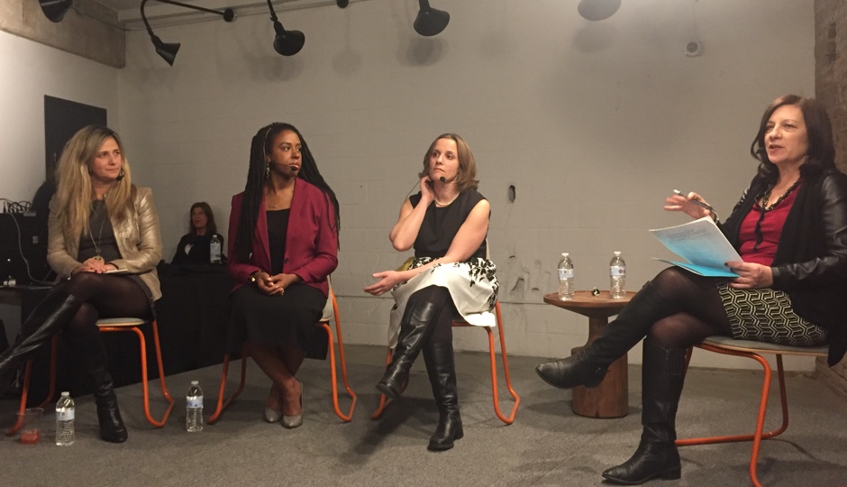 From left to right: Comcast’s director of entrepreneurial engagement Danielle Cohn; Stimulus CEO Tiffanie Stanard; Salesforce VP of SMB Sales Stephanie Glenn; and Robin Hood Ventures executive director Ellen Weber at WeWork's first "Future of Philly" event at their Northern Liberties location. 