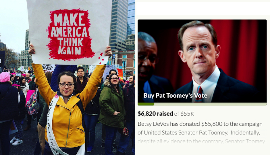 Left: Katherine Fritz protests in Philly on January 21st. Right: A screenshot of her GoFundMe campaign to "Buy Pat Toomey's Vote."