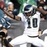 Nov 3, 2013; Oakland, CA, USA; Philadelphia Eagles wide receiver DeSean Jackson (10) celebrates after scoring a touchdown during the third quarter against the Oakland Raiders at O.co Coliseum. Mandatory Credit: Bob Stanton-USA TODAY Sports