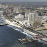 An aerial view of the beach and casinos in Atlantic City.