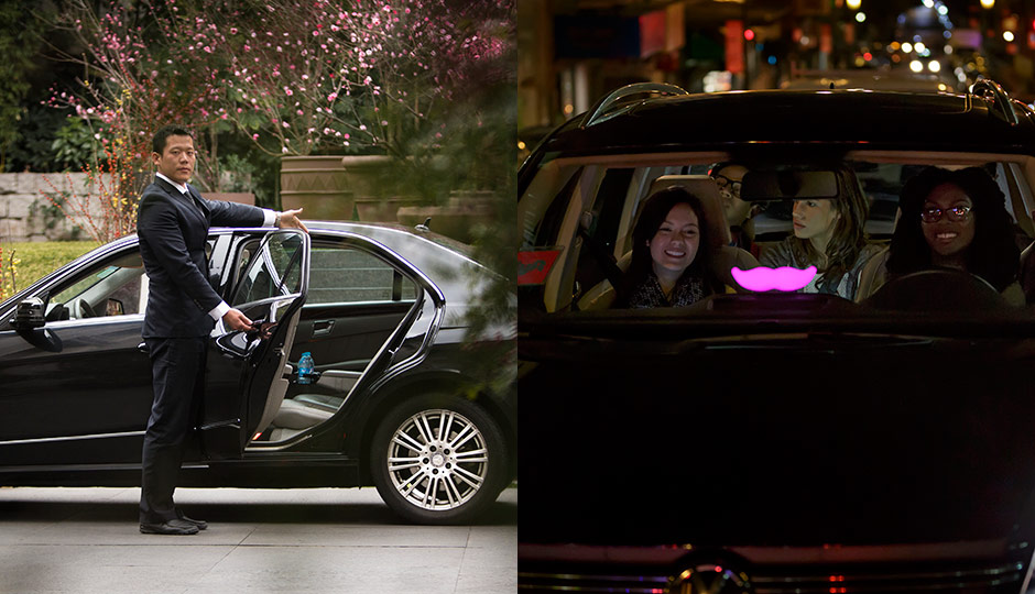 Promotional photos from the press kits of Uber (left) and Lyft