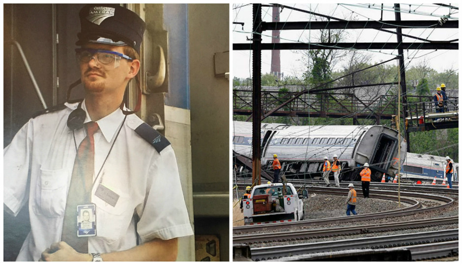 Left: Brandon Bostian (Courtesy of Robert Mongeluzzi); Right: The aftermath of the Amtrak Train 188 derailment (AP/Mel Evans)