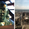 Max Headroom-style Ben Franklin sculpture at the top of the Liberty Observation Deck; the view from the top