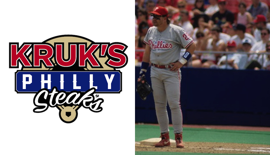 Left: The logo for Kruk's Philly Steaks. Right: Kruk with the Phillies in 1992. (Photo via Missouri State Archives/Wikimedia Commons)