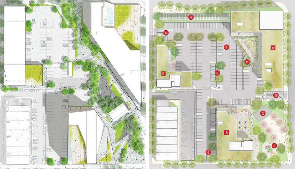 Site plans for the two proposals: Pennrose's on the left, Parkway's on the right. | Renderings: WRT (left) / Cecil Baker & Partners (right) via Philadelphia Redevelopment Authority