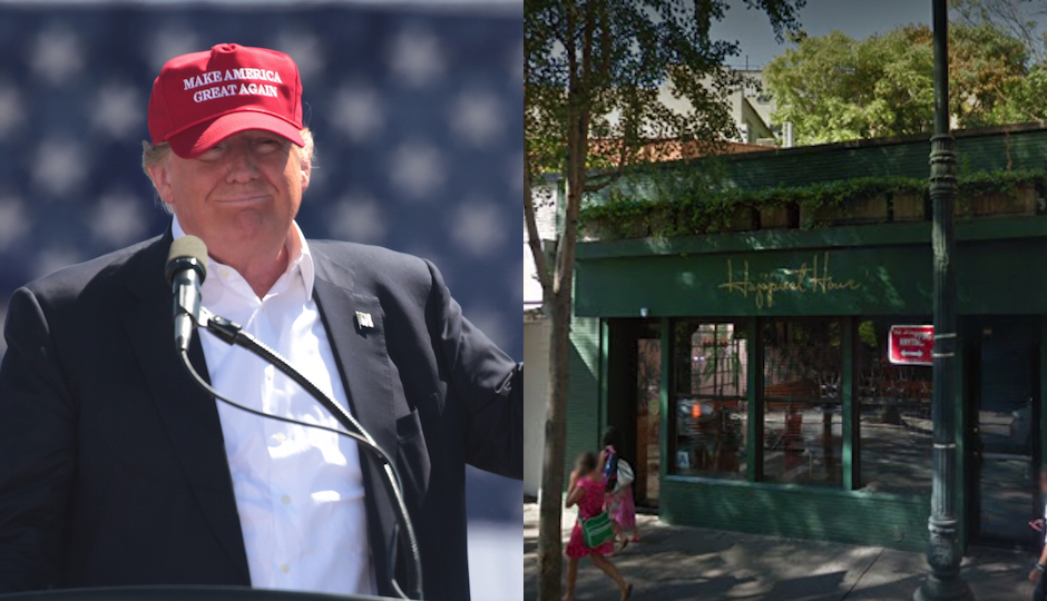Left: Donald Trump shows off his Make America Great Again hat. (Wikimedia Commons) Right: The bar in question. (Google Maps)