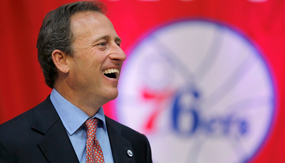 New Philadelphia 76ers owner Joshua Harris laughs before the start of a news conference at the Palestra Tuesday, Oct. 18, 2011, in Philadelphia. The ownership group also includes David Blitzer, Art Wrubel, and Jason Levien. The sale ends Comcast-Spectacor's 15-year run of ownership. (AP Photo/Matt Rourke)