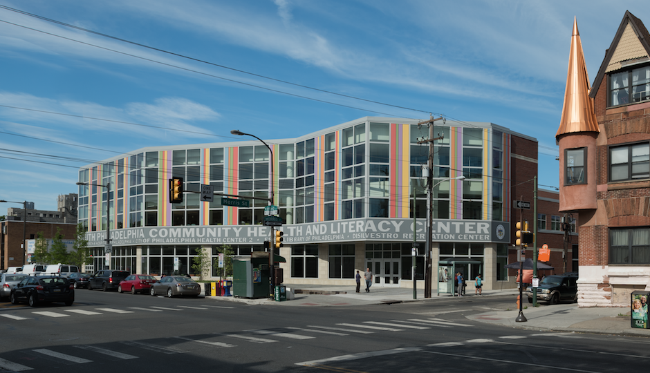 The South Philadelphia Health and Literacy Center (VSBA, 2015, bottom), Tang suggests, is a recycling-of-sorts of the firm's never-built Philadelphia Orchestra Hall (1993) in its use of color and graphics.