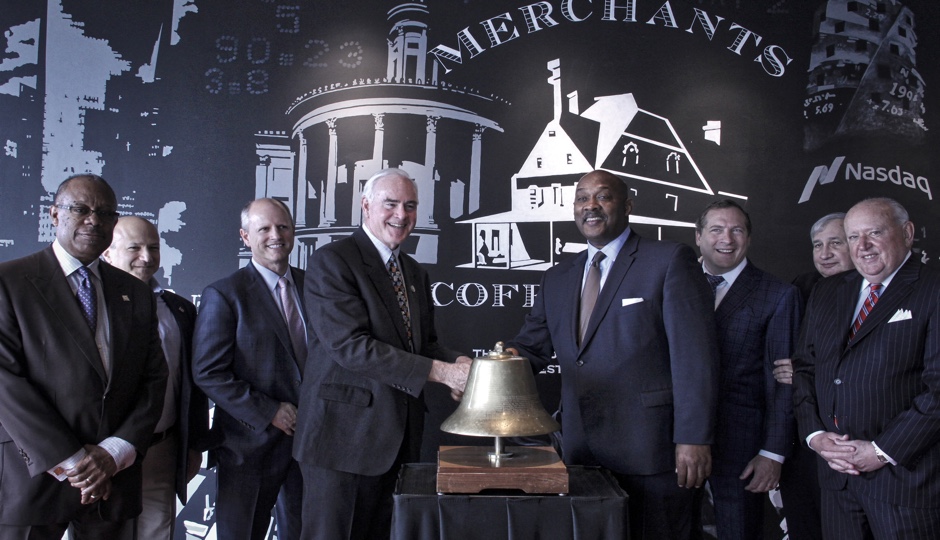 Officials ring the bell on the Nasdaq PHLX trading floor at the FMC tower. L to R: Harold Epps, Director of the Philadelphia Department of Commerce; Steve Levick, entrepreneur; Kevin Kennedy, Senior Vice President and Head of U.S. Options; Representative Patrick Meehan; Representative Dwight Evans; Tom Wittman, Executive Vice President and Global Head of Equities, Nasdaq; John Wallace, former Chairman of the Philadelphia Stock Exchange; John Egan, former Chairman of the Philadelphia Stock Exchange. Photo courtesy of Nasdaq. 