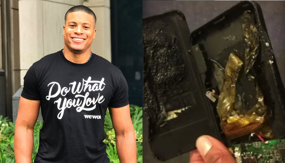 Left: Plaintiff Julian Bradley. Right: Damage caused by the exploding iPhone charger.
