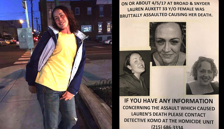 Left: The most recent photo of Lauren Aukett, taken three weeks ago. Right: One of the flyers that her family has been distributing in South Philly. (Images courtesy Carolynn Aukett-Belgiorno)