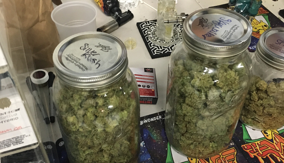 There were jars and jars of finer marijuana for sale at the NA Poe pot party, starting at $40 per eighth-ounce.