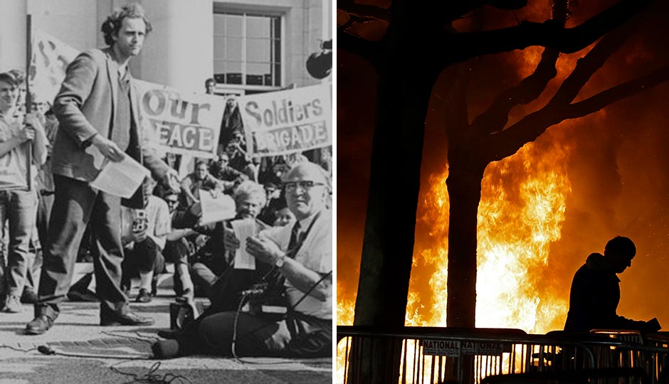 Left: A Free Speech Movement rally at Berkeley in 1966. (Wikimedia Commons) | Right: The “Battle of Berkeley,” February 1, 2017. (Ben Margot/AP)