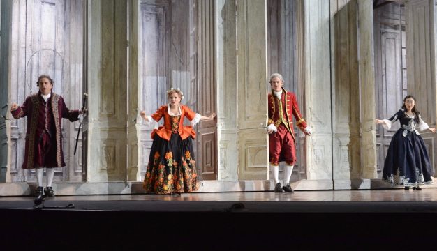 Patrick Carfizzi, Lucy Schaufer, Brandon Cedel, and Ying Fang in Le Nozze di Figaro at Opera Philadelphia. (Photo by Kelly & Massa)