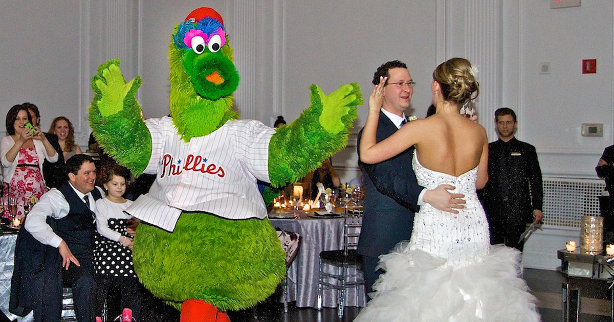 Phillie Phanatic Mascot Surprises Fan at Wedding Ceremony First Look