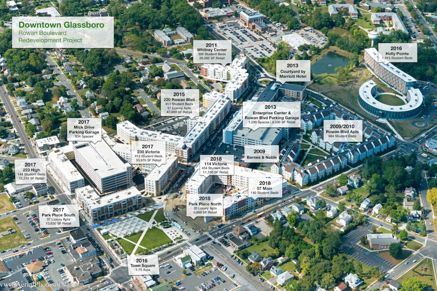 Annotated aerial photo of Rowan Boulevard