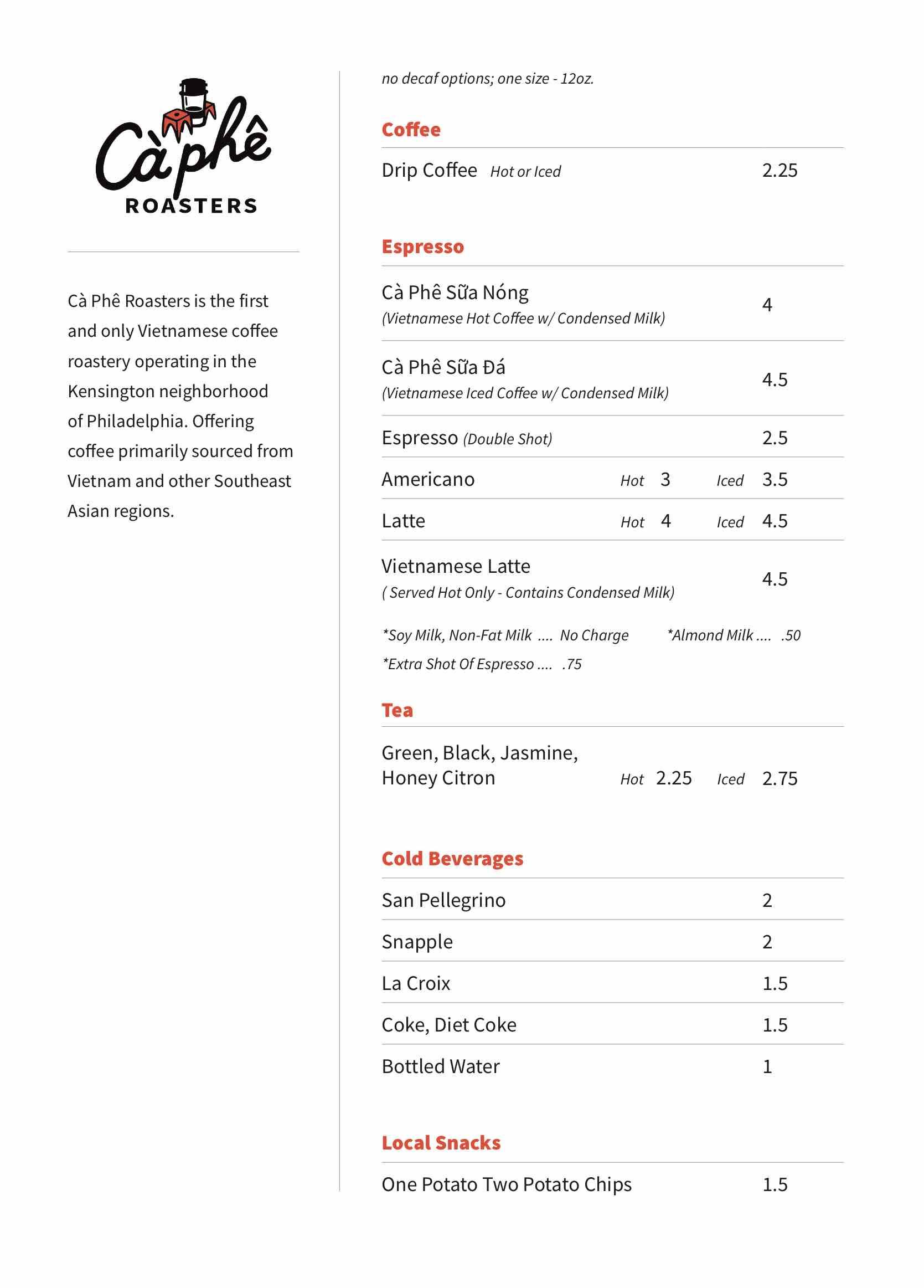 ca phe roasters menu