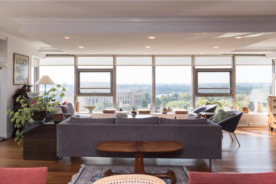 condo for sale art museum philadelphian corner unit living room view