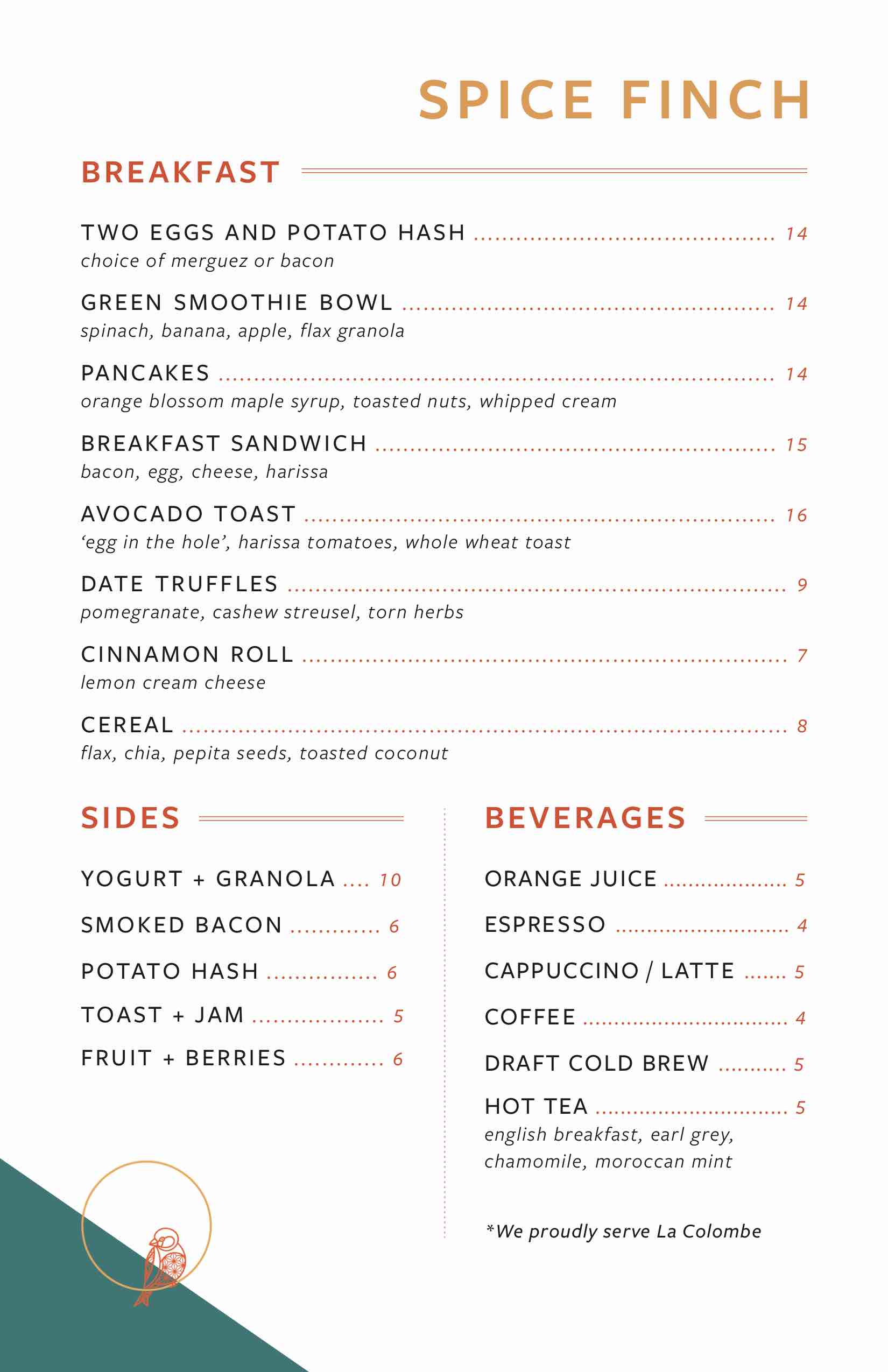 spice finch breakfast menu