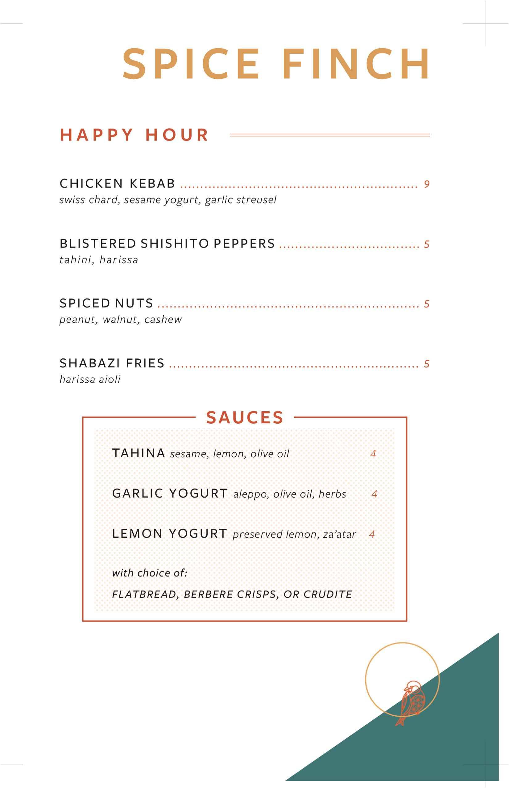spice finch happy hour food menu