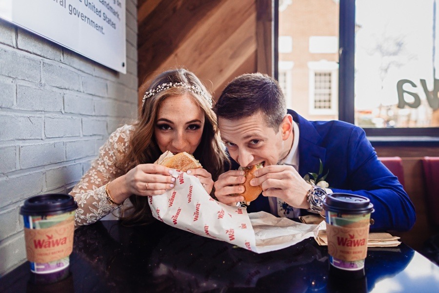 bride-and-groom-eating-wawa-hoagies