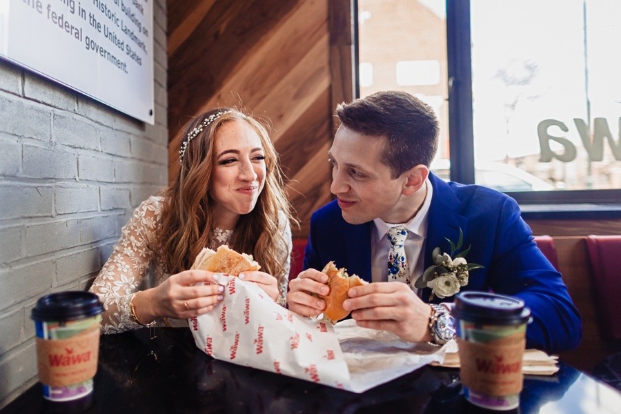 bride groom eating wawa hoagies