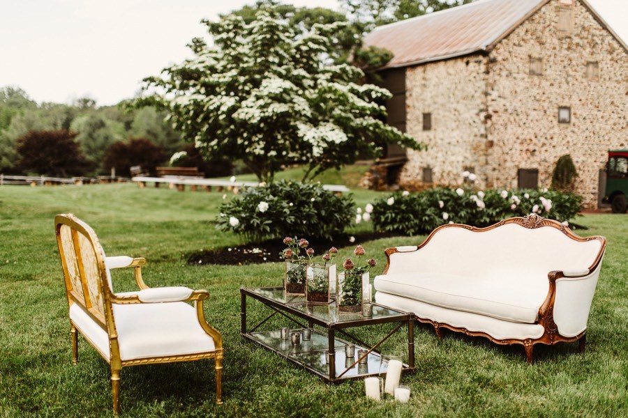 outdoor cocktail hour at an at-home wedding