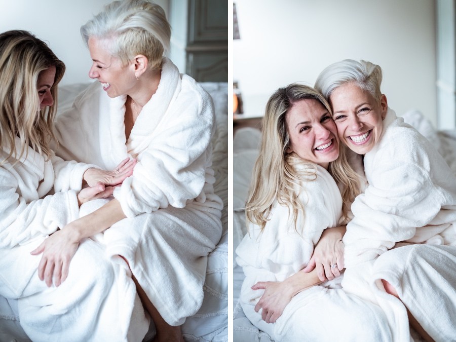 same-sex marriage proposal at home in robes