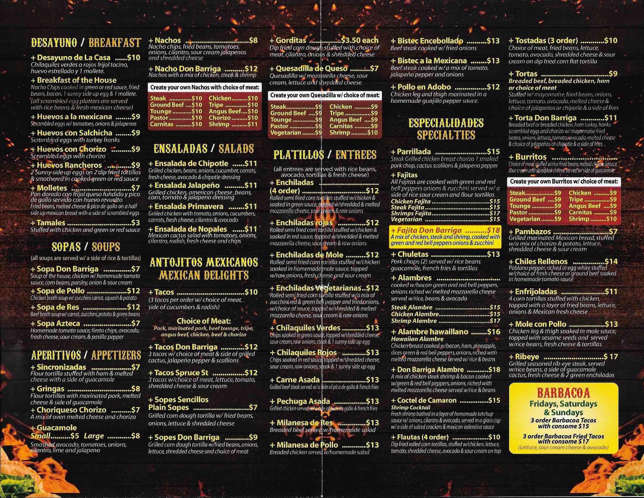 don barriga mexican grill restaurant menu