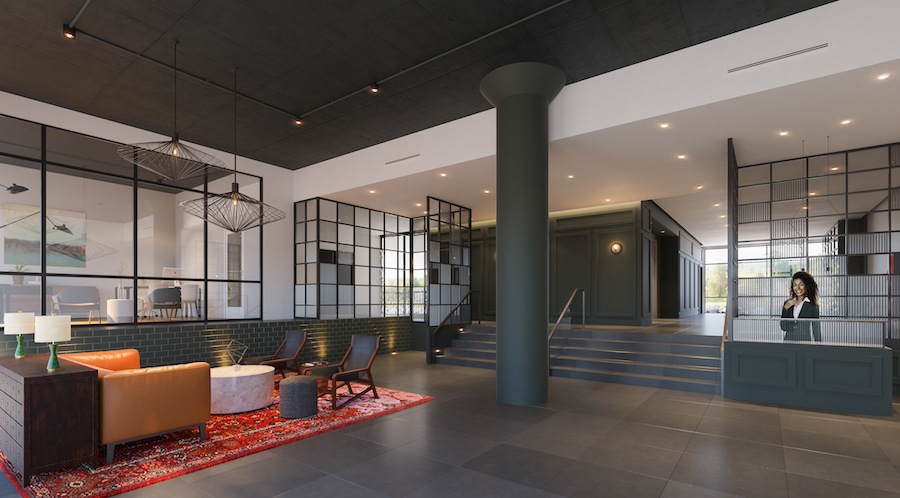 the irvine apartment profile street floor lobby rendering