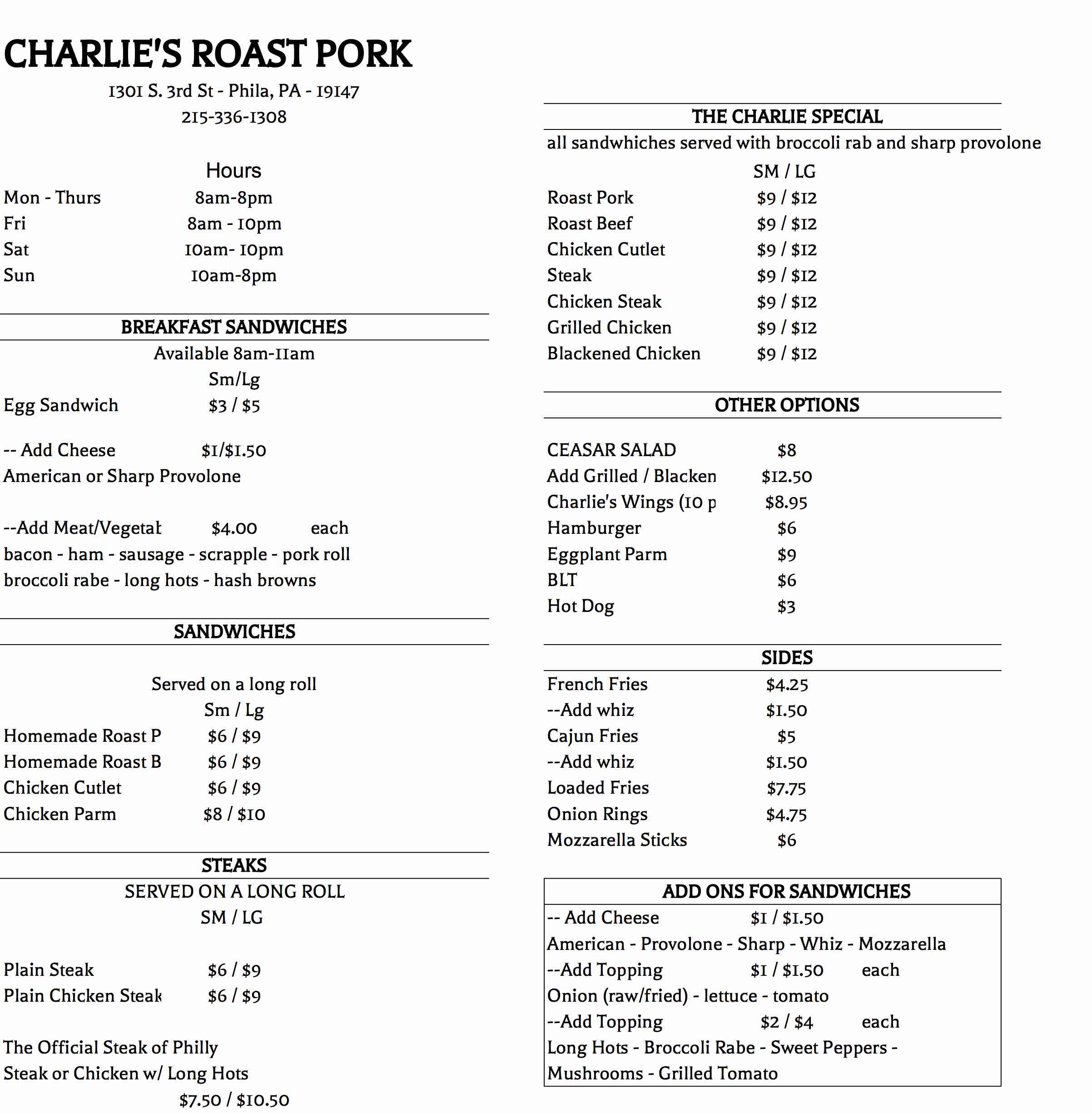 charlie's roast pork menu philadelphia