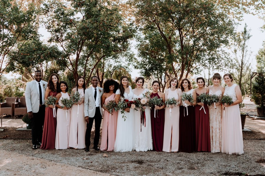 red and pink bridesmaid dresses
