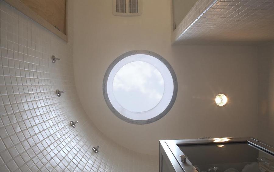 north hills restored midcentury modern hall bathroom skylight