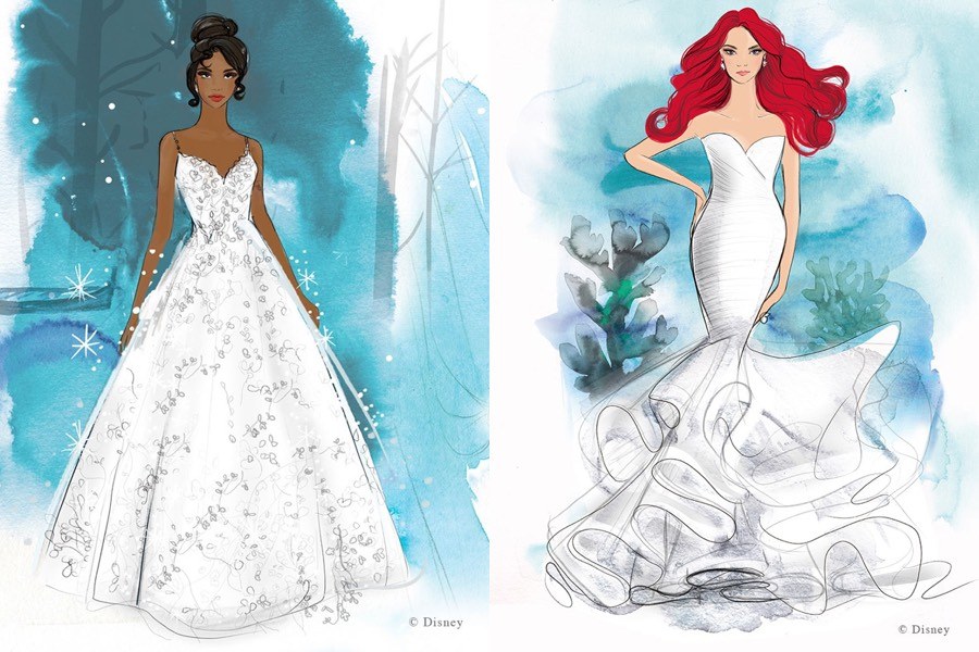 Images of Disney princess wedding dresses inspired by Tiana and Ariel