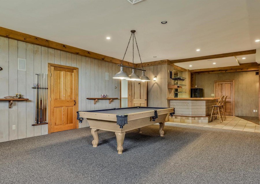 chester springs new farmhouse basement billiard room and bar