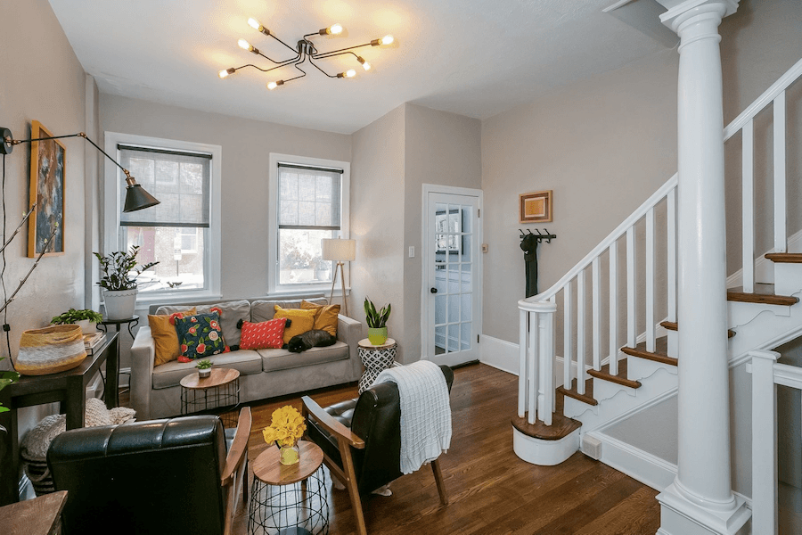 renovated queen village rowhouse for sale living room